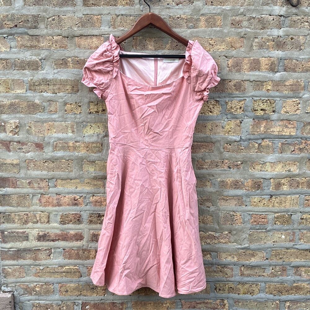 Hampden’s Women’s Pink Solid Square Neck Puff Sleeve Fit & Flare Short Dress M